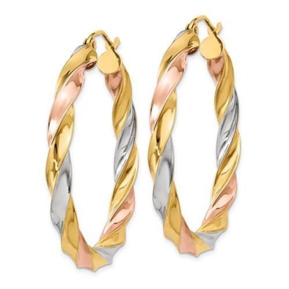 14k Tri-color Light Twisted Hoop Earrings measures 34mm long by 36mm wide - Picture 2 of 4